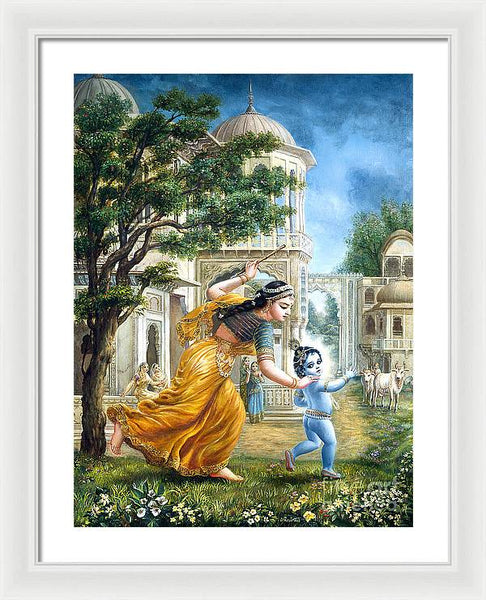 Mother Yashoda Tries To Catch Krishna - Framed Print
