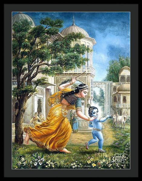 Mother Yashoda Tries To Catch Krishna - Framed Print