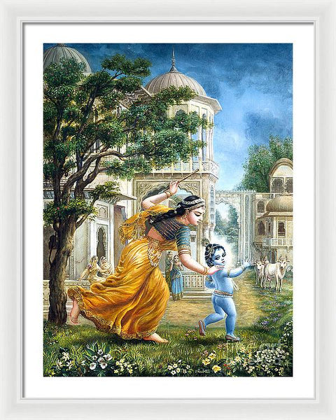 Mother Yashoda Tries To Catch Krishna - Framed Print