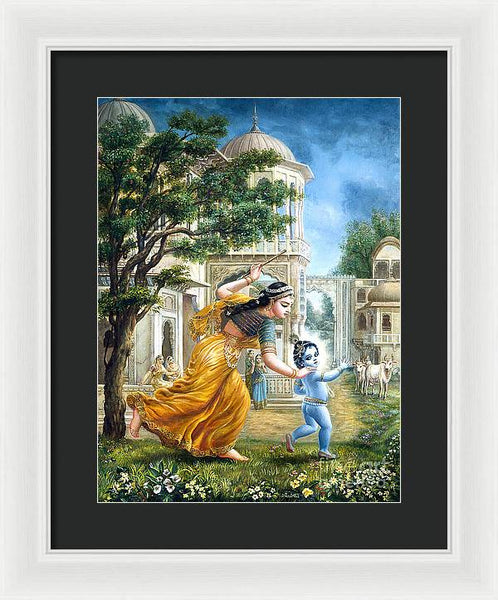 Mother Yashoda Tries To Catch Krishna - Framed Print