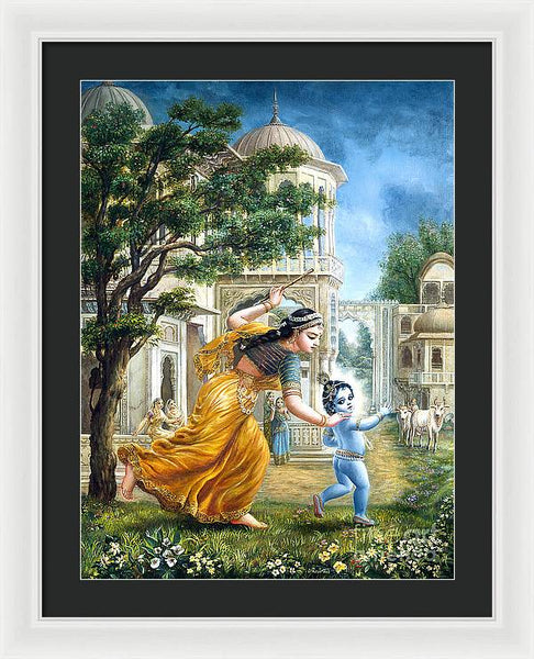 Mother Yashoda Tries To Catch Krishna - Framed Print