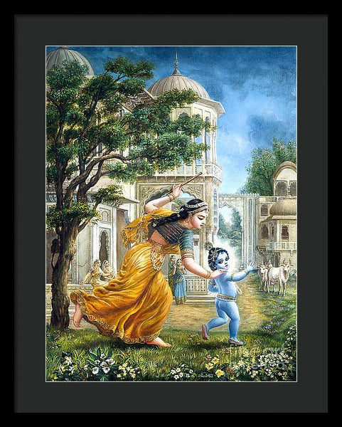 Mother Yashoda Tries To Catch Krishna - Framed Print