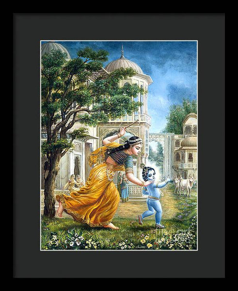 Mother Yashoda Tries To Catch Krishna - Framed Print