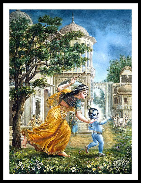 Mother Yashoda Tries To Catch Krishna - Framed Print