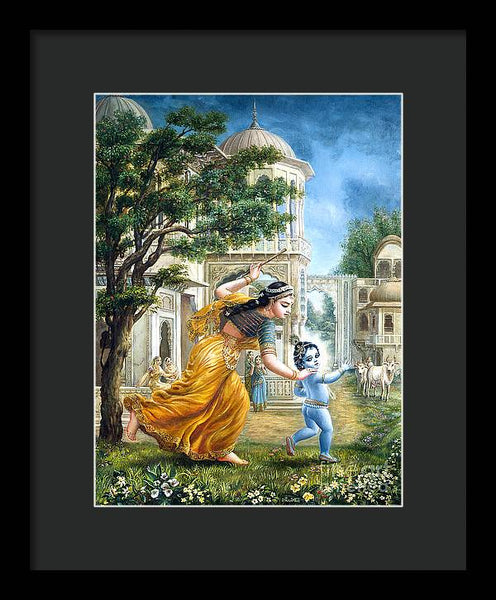 Mother Yashoda Tries To Catch Krishna - Framed Print