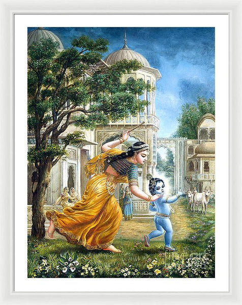 Mother Yashoda Tries To Catch Krishna - Framed Print