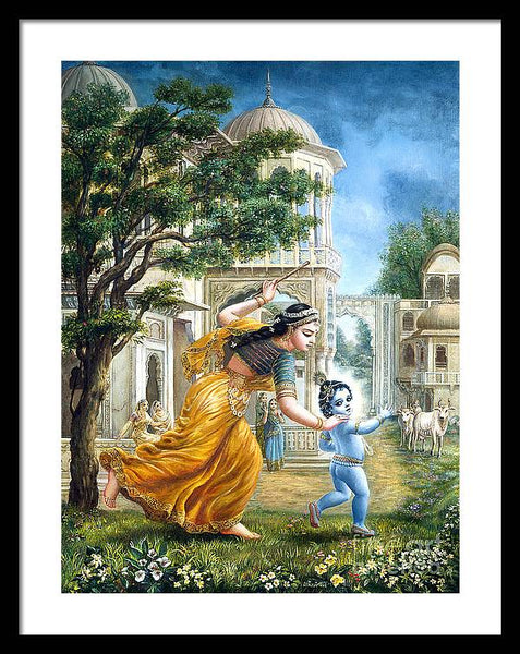 Mother Yashoda Tries To Catch Krishna - Framed Print