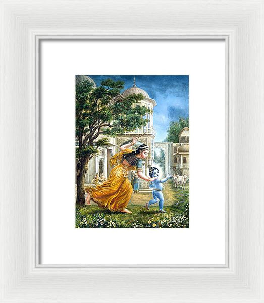 Mother Yashoda Tries To Catch Krishna - Framed Print