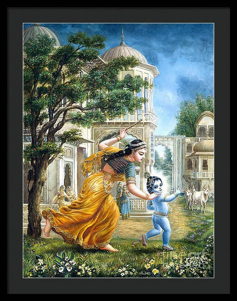 Mother Yashoda Tries To Catch Krishna - Framed Print