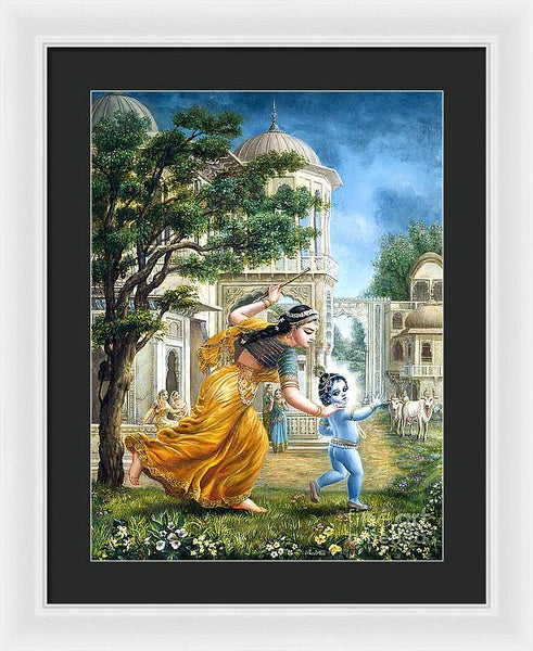 Mother Yashoda Tries To Catch Krishna - Framed Print