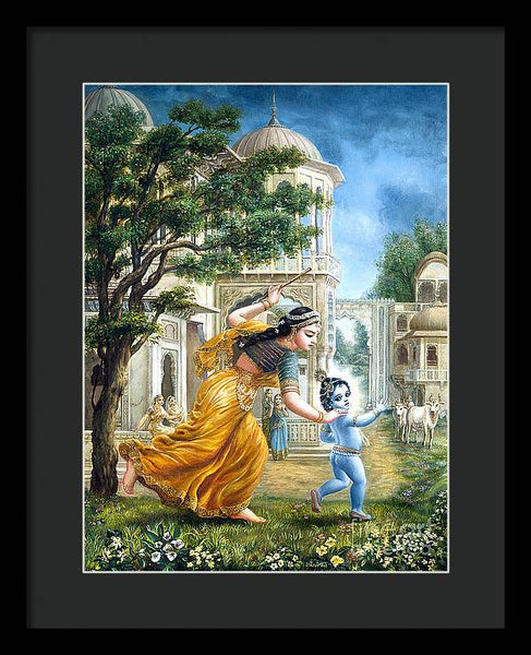 Mother Yashoda Tries To Catch Krishna - Framed Print