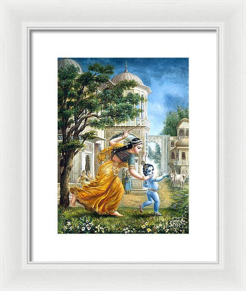 Mother Yashoda Tries To Catch Krishna - Framed Print