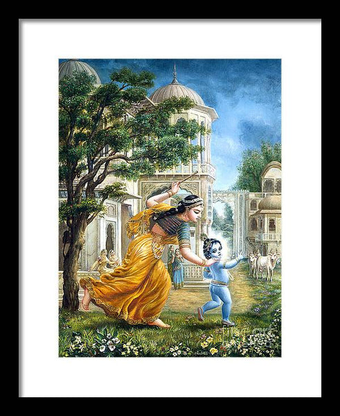 Mother Yashoda Tries To Catch Krishna - Framed Print