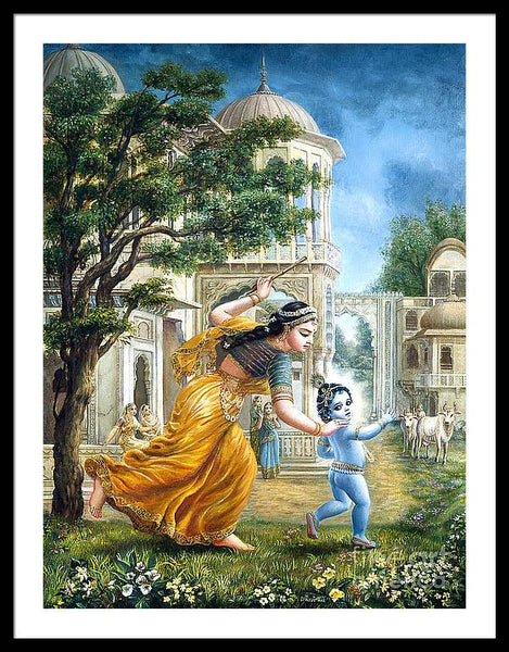 Mother Yashoda Tries To Catch Krishna - Framed Print