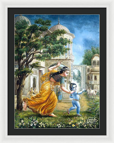 Mother Yashoda Tries To Catch Krishna - Framed Print