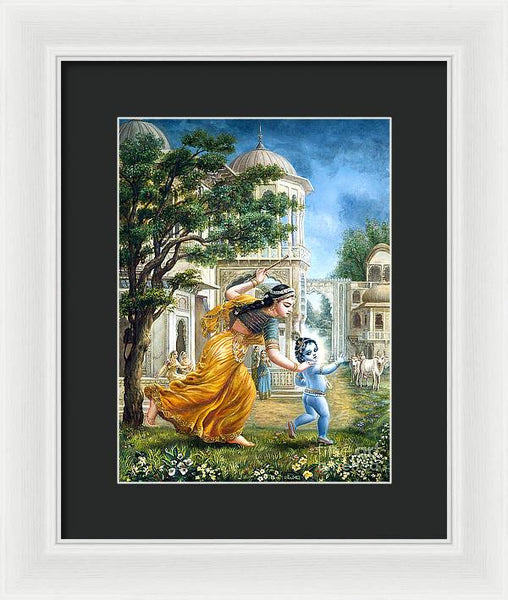 Mother Yashoda Tries To Catch Krishna - Framed Print