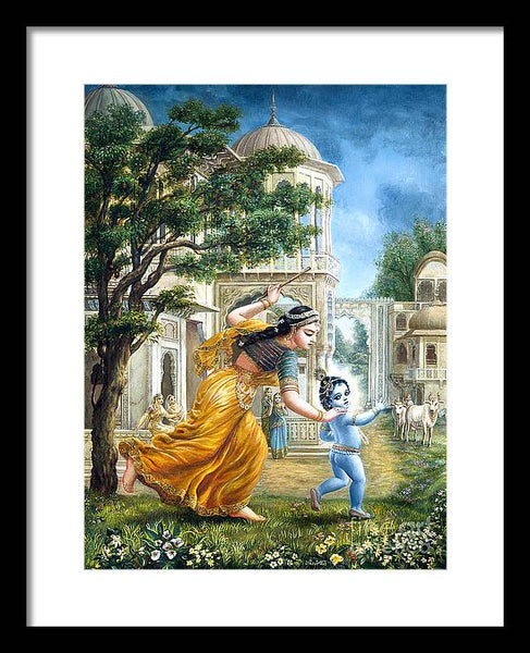 Mother Yashoda Tries To Catch Krishna - Framed Print
