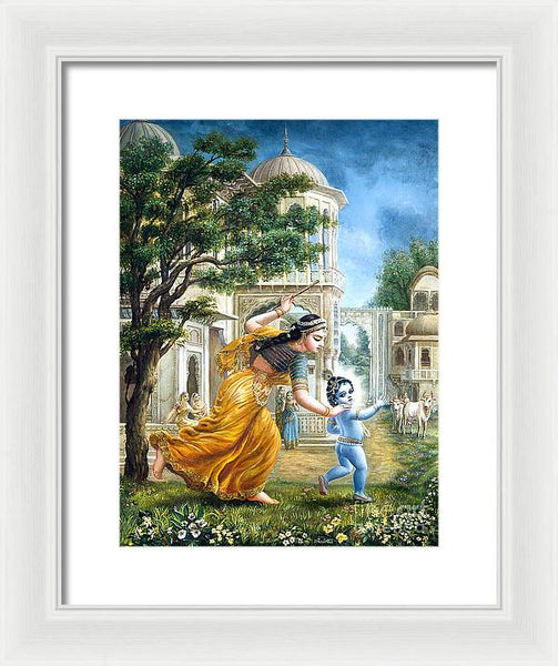 Mother Yashoda Tries To Catch Krishna - Framed Print