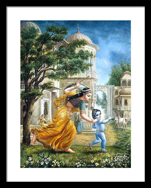 Mother Yashoda Tries To Catch Krishna - Framed Print