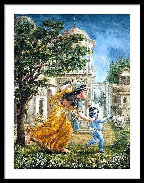 Mother Yashoda Tries To Catch Krishna - Framed Print