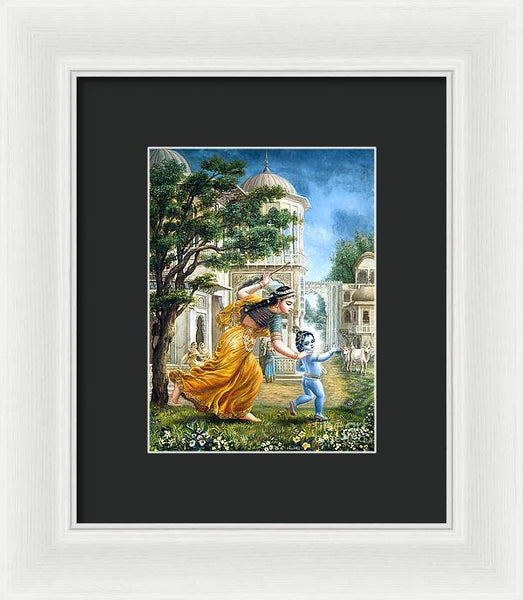 Mother Yashoda Tries To Catch Krishna - Framed Print