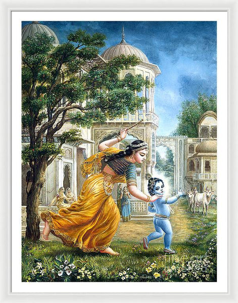 Mother Yashoda Tries To Catch Krishna - Framed Print
