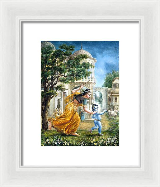 Mother Yashoda Tries To Catch Krishna - Framed Print