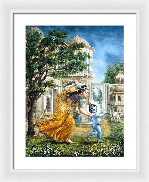 Mother Yashoda Tries To Catch Krishna - Framed Print