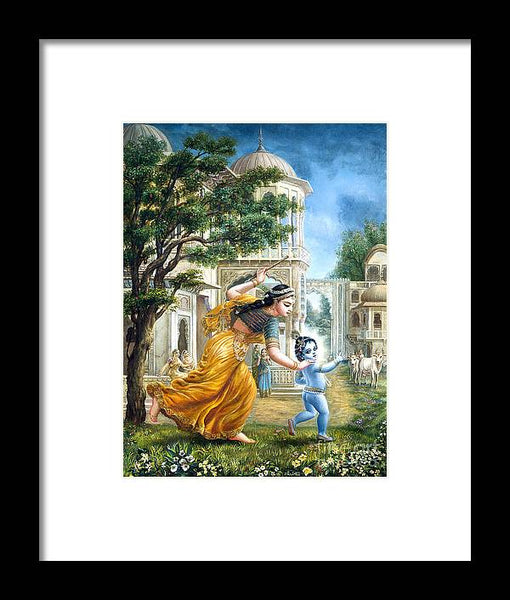 Mother Yashoda Tries To Catch Krishna - Framed Print