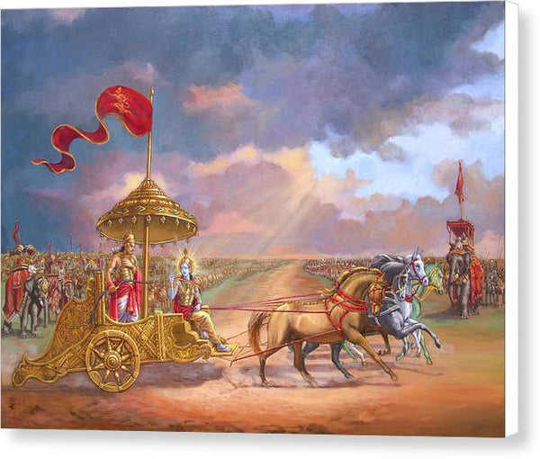 Partha Sarathi  Krishna speaks the Bhagavad-Gita to Arjuna - Canvas Print