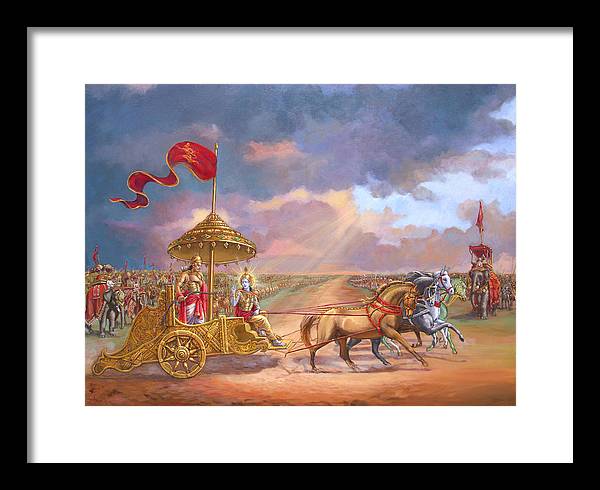 Partha Sarathi  Krishna speaks the Bhagavad-Gita to Arjuna - Framed Print