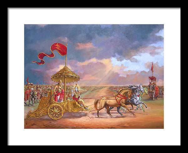 Partha Sarathi  Krishna speaks the Bhagavad-Gita to Arjuna - Framed Print