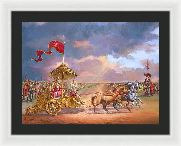 Partha Sarathi  Krishna speaks the Bhagavad-Gita to Arjuna - Framed Print