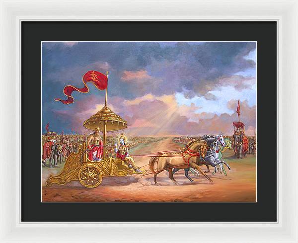 Partha Sarathi  Krishna speaks the Bhagavad-Gita to Arjuna - Framed Print