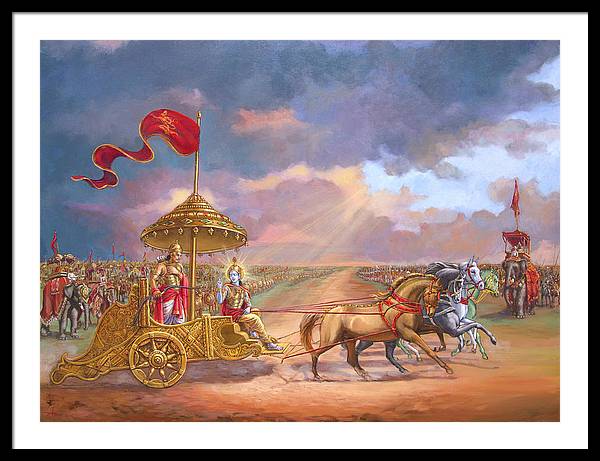 Partha Sarathi  Krishna speaks the Bhagavad-Gita to Arjuna - Framed Print