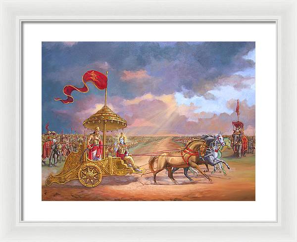 Partha Sarathi  Krishna speaks the Bhagavad-Gita to Arjuna - Framed Print