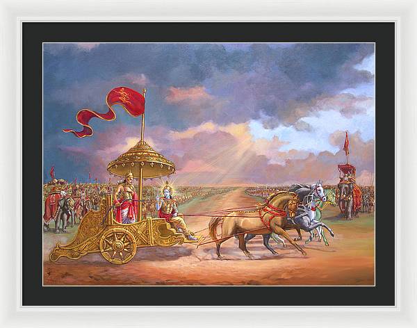 Partha Sarathi  Krishna speaks the Bhagavad-Gita to Arjuna - Framed Print