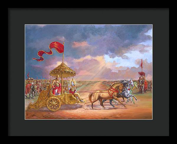 Partha Sarathi  Krishna speaks the Bhagavad-Gita to Arjuna - Framed Print