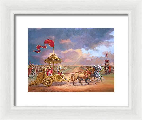 Partha Sarathi  Krishna speaks the Bhagavad-Gita to Arjuna - Framed Print