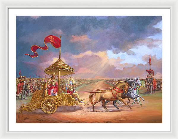 Partha Sarathi  Krishna speaks the Bhagavad-Gita to Arjuna - Framed Print
