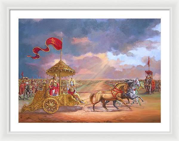 Partha Sarathi  Krishna speaks the Bhagavad-Gita to Arjuna - Framed Print