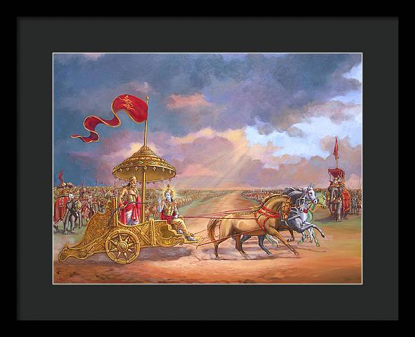 Partha Sarathi  Krishna speaks the Bhagavad-Gita to Arjuna - Framed Print