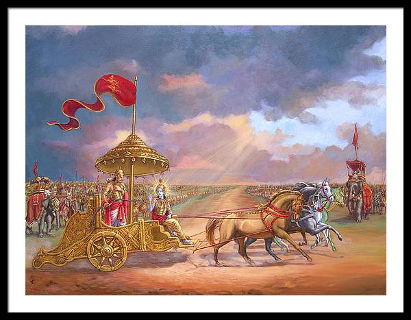 Partha Sarathi  Krishna speaks the Bhagavad-Gita to Arjuna - Framed Print