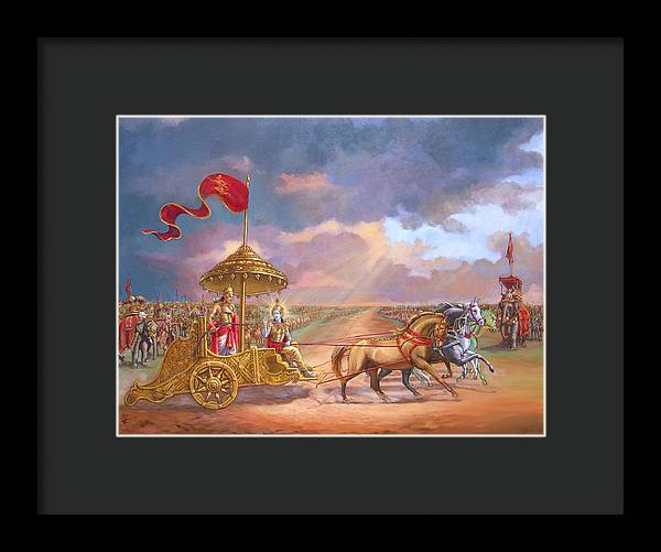 Partha Sarathi  Krishna speaks the Bhagavad-Gita to Arjuna - Framed Print