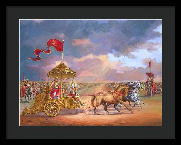 Partha Sarathi  Krishna speaks the Bhagavad-Gita to Arjuna - Framed Print