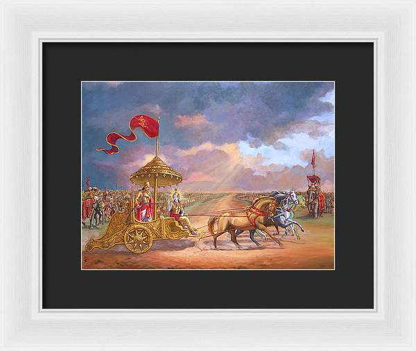 Partha Sarathi  Krishna speaks the Bhagavad-Gita to Arjuna - Framed Print