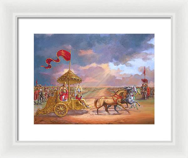 Partha Sarathi  Krishna speaks the Bhagavad-Gita to Arjuna - Framed Print