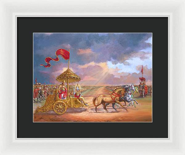 Partha Sarathi  Krishna speaks the Bhagavad-Gita to Arjuna - Framed Print