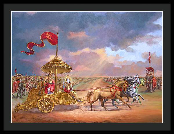 Partha Sarathi  Krishna speaks the Bhagavad-Gita to Arjuna - Framed Print