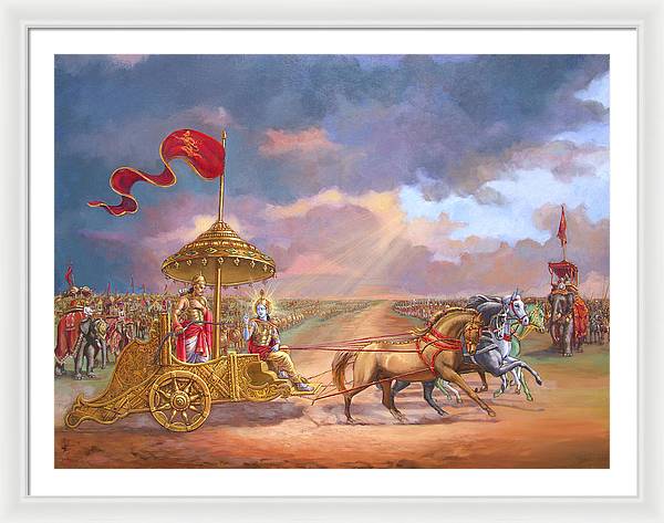 Partha Sarathi  Krishna speaks the Bhagavad-Gita to Arjuna - Framed Print